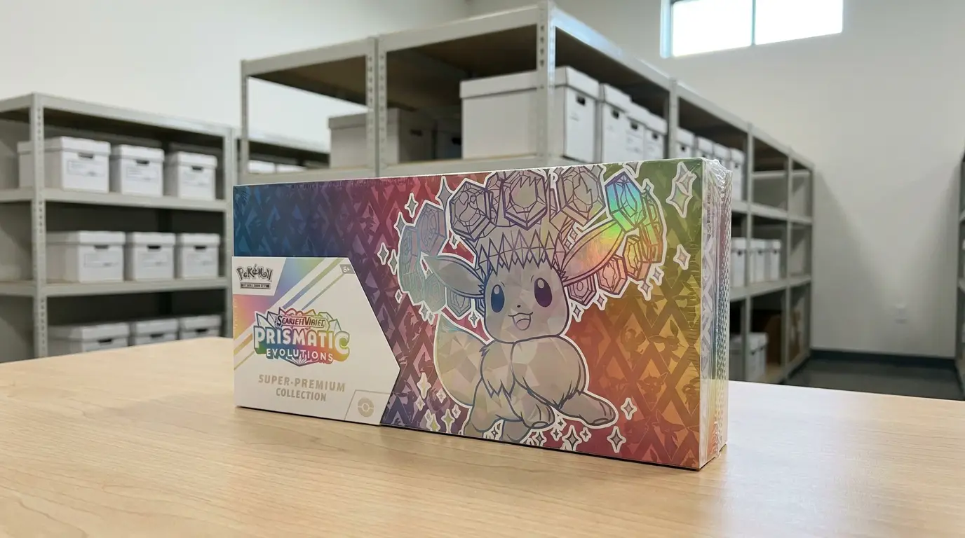 A sealed Prismatic Evolutions Super-Premium Collection box on the table in the Brooklyn storage room, archive boxes racked on the shelves behind it.
